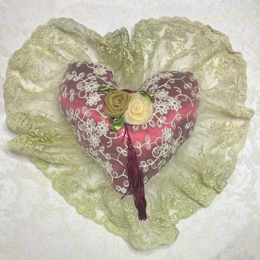Victorian “French Lovers” Handmade Lace Heart Pillow Vintage Cottage Core Décor